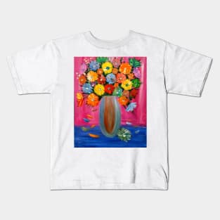 beautiful bouquet of mixed flowers in a silver vase Kids T-Shirt